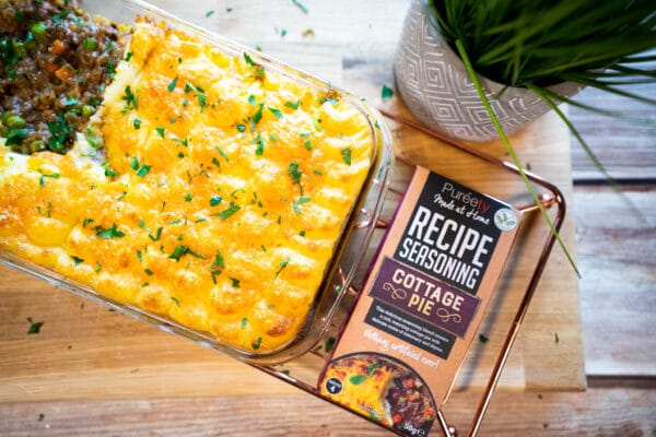 Classic Cottage Pie on table with Cottage Pie pack