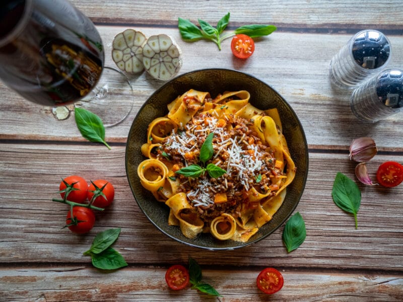 Classic Bolognese recipe in a dish on table