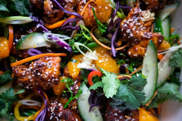 Salt and Pepper chicken and mandarin with salad close up