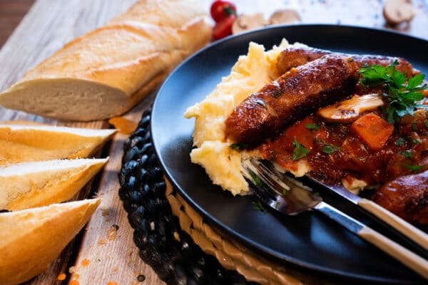 Sausage Casserole plate with side of bread