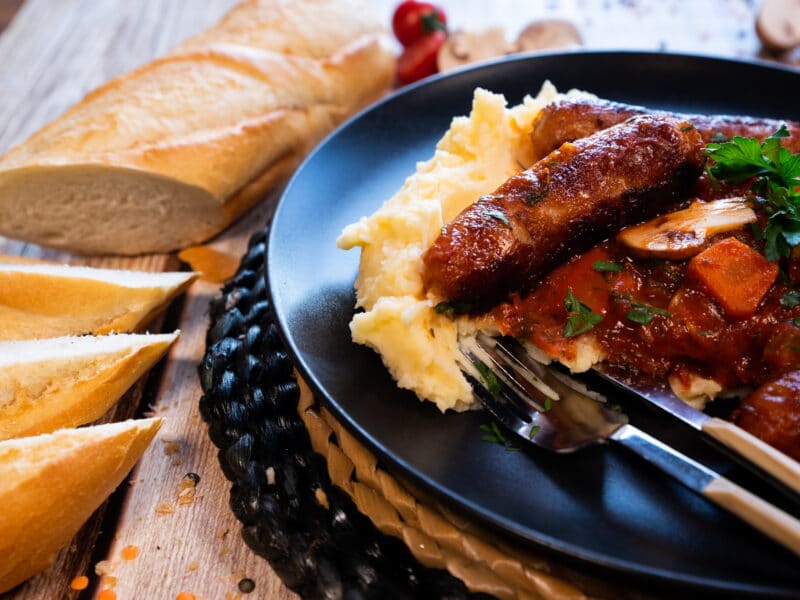 Sausage Casserole plate with side of bread