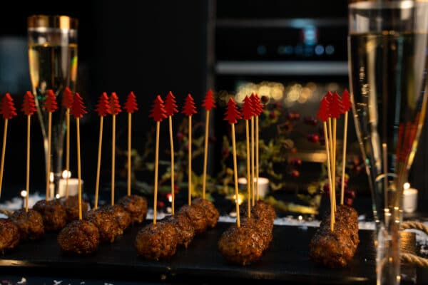 Board of minted lamb meatballs with Christmas Tree topped skewers