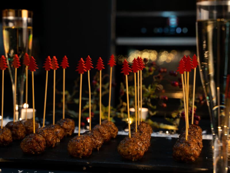 Board of minted lamb meatballs with Christmas Tree topped skewers